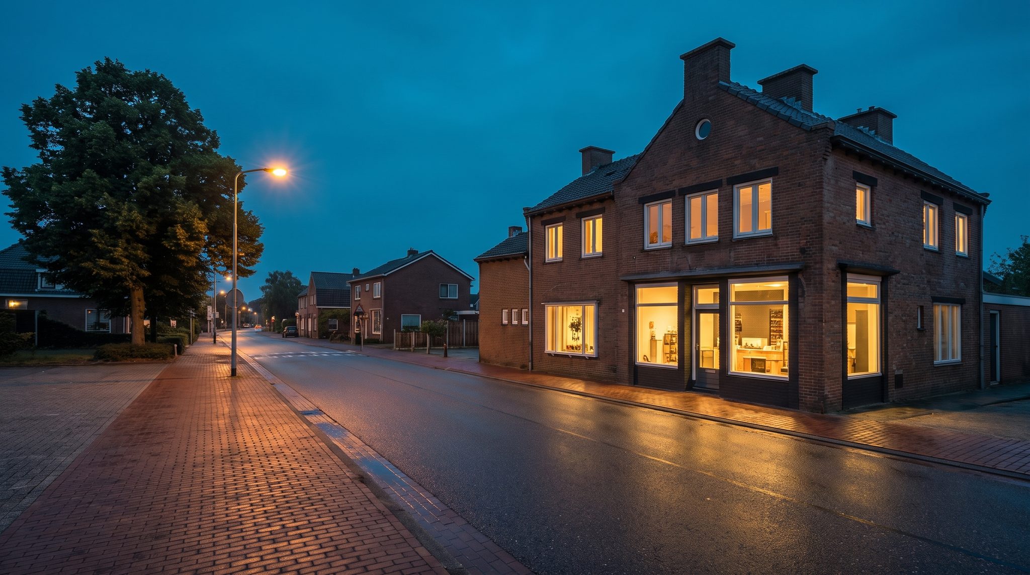 Het kantoor van Mikromedia aan de Wijnstraat 1 in Susteren, in het blauwe uur, met licht in de etalage.